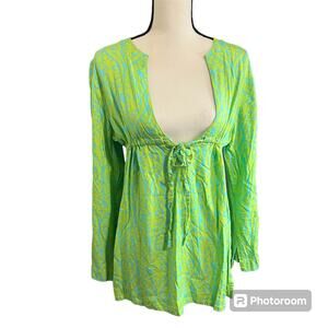 Escapada Beach | Women's Bright Green Blue Beach Cover Up Top Sz M